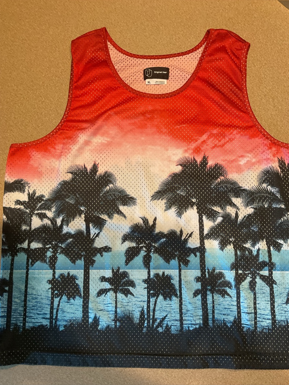 Original Use Red-Blue Gradient Palm Tree Mesh Tank Top - Men